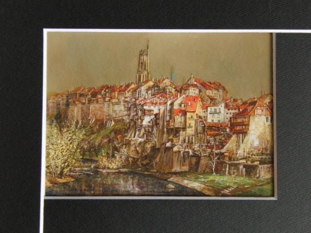 花巻碧、岸辺の家並、希少な画集より、新品高級額・額装付、状態良好