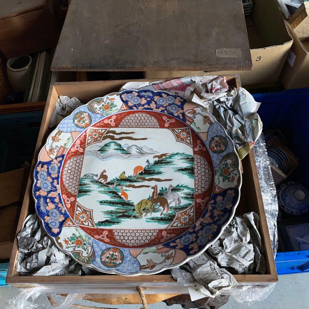 古伊万里 大皿 額皿 馬 飾皿 色絵 金彩 46cm 共箱入 大皿 陶磁器