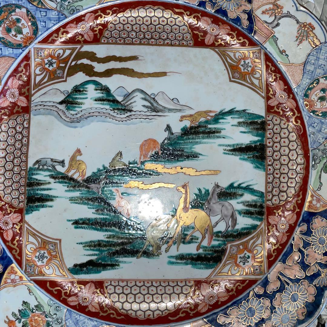 古伊万里 大皿 額皿 馬 飾皿 色絵 金彩 46cm 共箱入 大皿 陶磁器