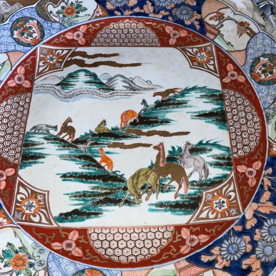 古伊万里 大皿 額皿 馬 飾皿 色絵 金彩 46cm 共箱入 大皿 陶磁器