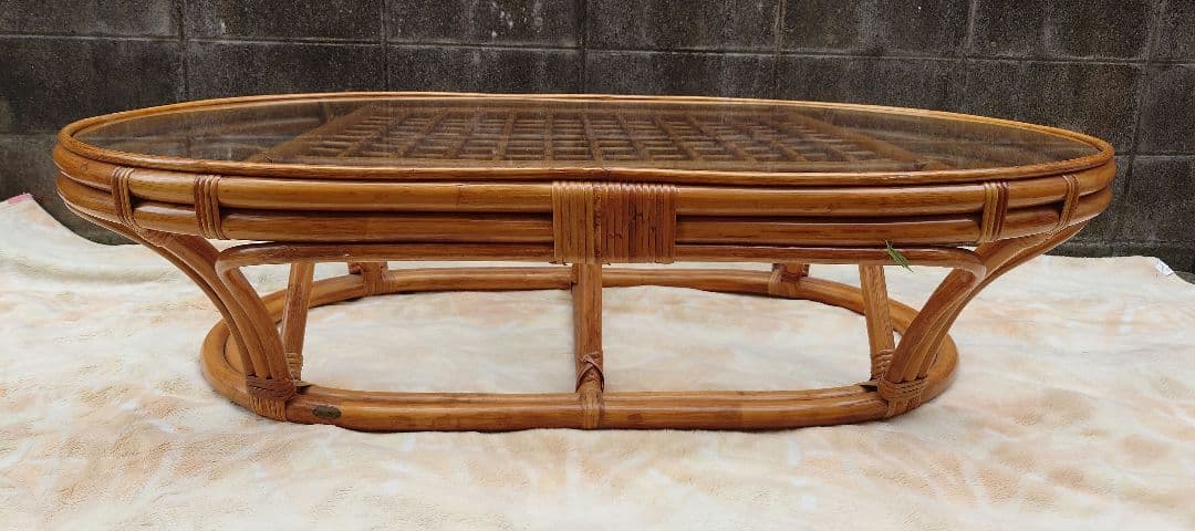 KAZAMAラタン 籐 大型ガラスローテーブル 座卓 風間カザマ ちゃぶ台 木製