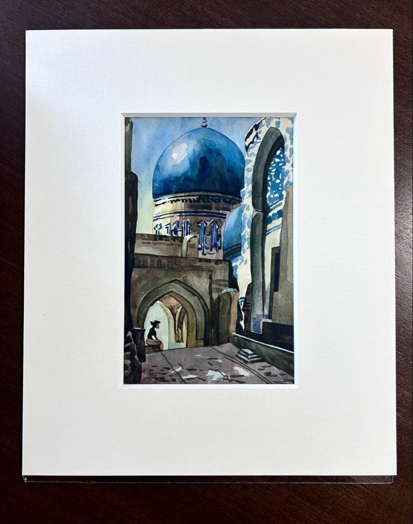 ウズベキスタンのサマルカンド　シャーヒ・ズィンダ廟群　肉筆水彩画　4作　額装
