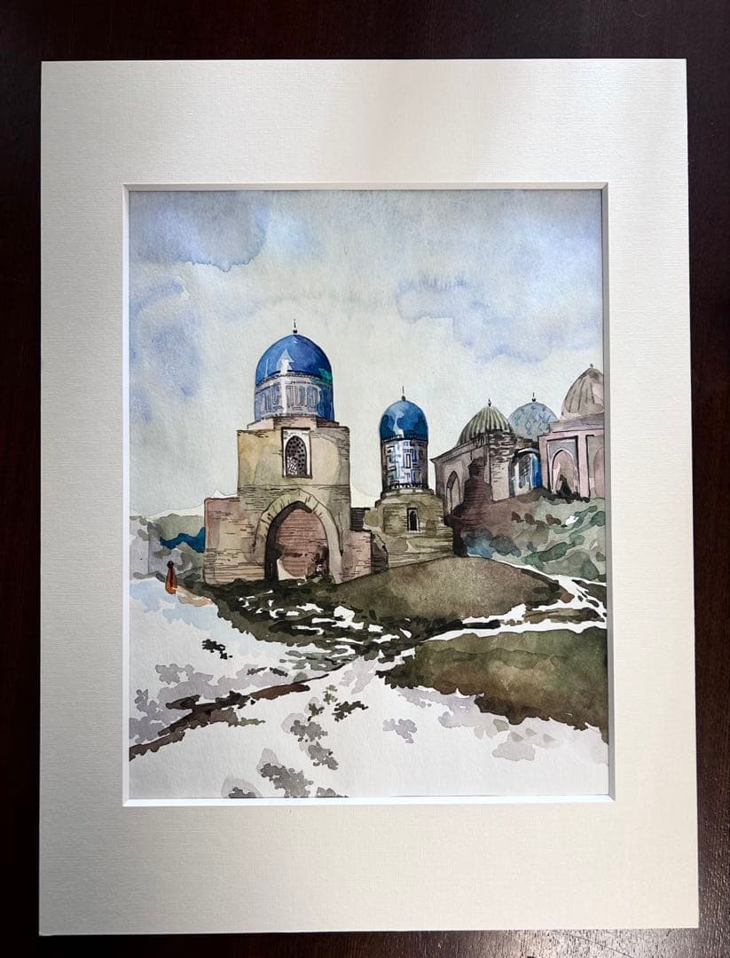 ウズベキスタンのサマルカンド　シャーヒ・ズィンダ廟群　肉筆水彩画　4作　額装