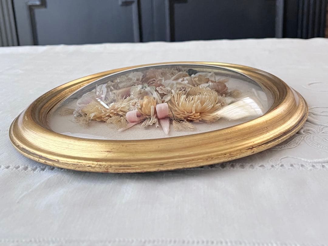 【美品】フランスアンティーク ドライフラワー ドーム ゴールドフレーム 3640