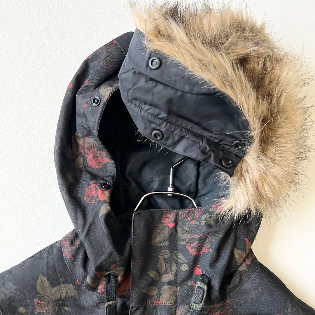 3268 ボルコム　ジャケット ファー付き 花柄 バラ　黒　S