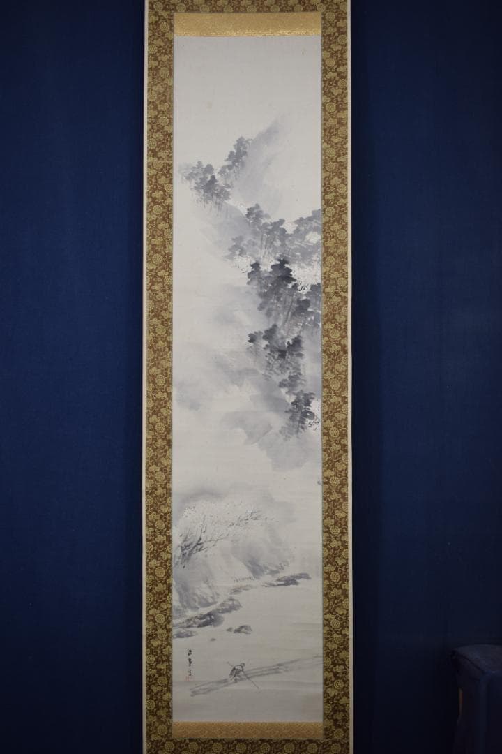 【真作】岸竹堂/春景嵐山図/桜花山水図/掛軸☆宝船☆Y-920　JM