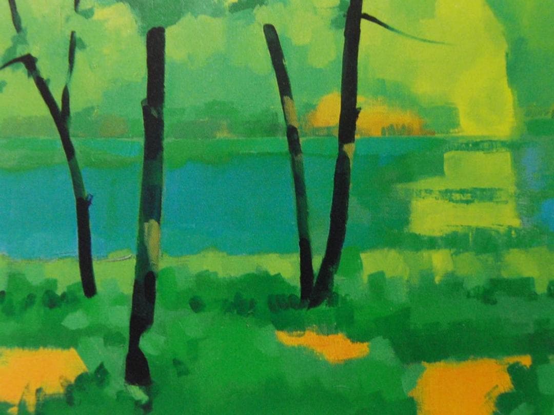 前田利昌、【湖畔の木立】、希少な画集画、新品高級額・額装付、状態良好