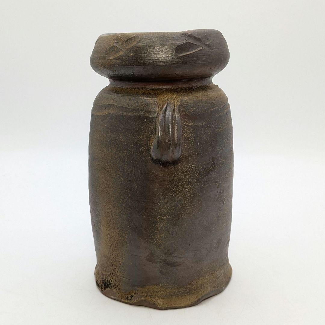 高原邦彦 備前焼 矢筈口耳付花入 合箱 花器 フラワーベース 花瓶 茶道具 置物