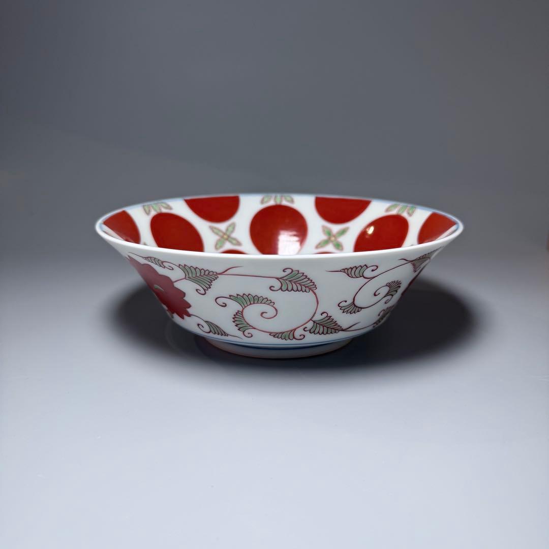 十二代　今右衛門造　錦　赤玉絵菓子器　共箱　栞　約19cm　保管品