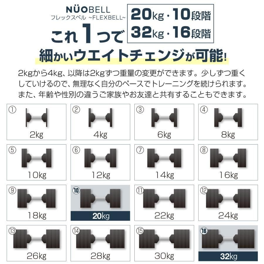 フレックスベル 32kg 単品 (NUO正規代理店品) 可変式ダンベル（黒×銀）