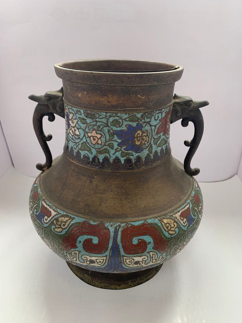 古銅　七宝饕餮文耳付瓶 大日本文政年整珉鋳　送料込み