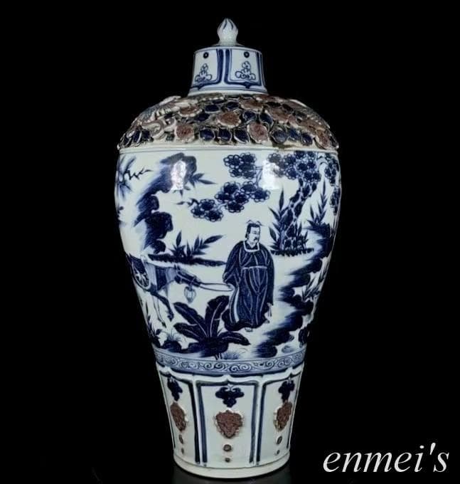 中国古美術✦青花釉裏紅捏花蕭何月下で韓信を追う梅瓶✦文房具・純手描き・陶芸・花瓶