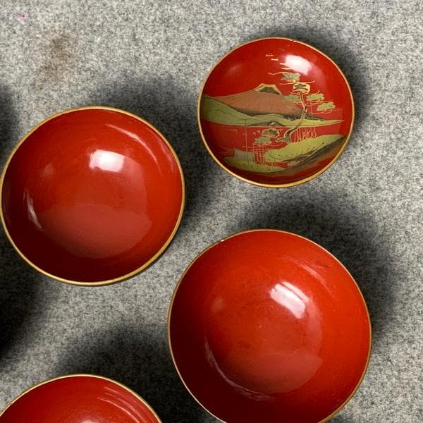 会津塗鉄錆塗木製蒔絵富士山吸物椀4個[B34143]