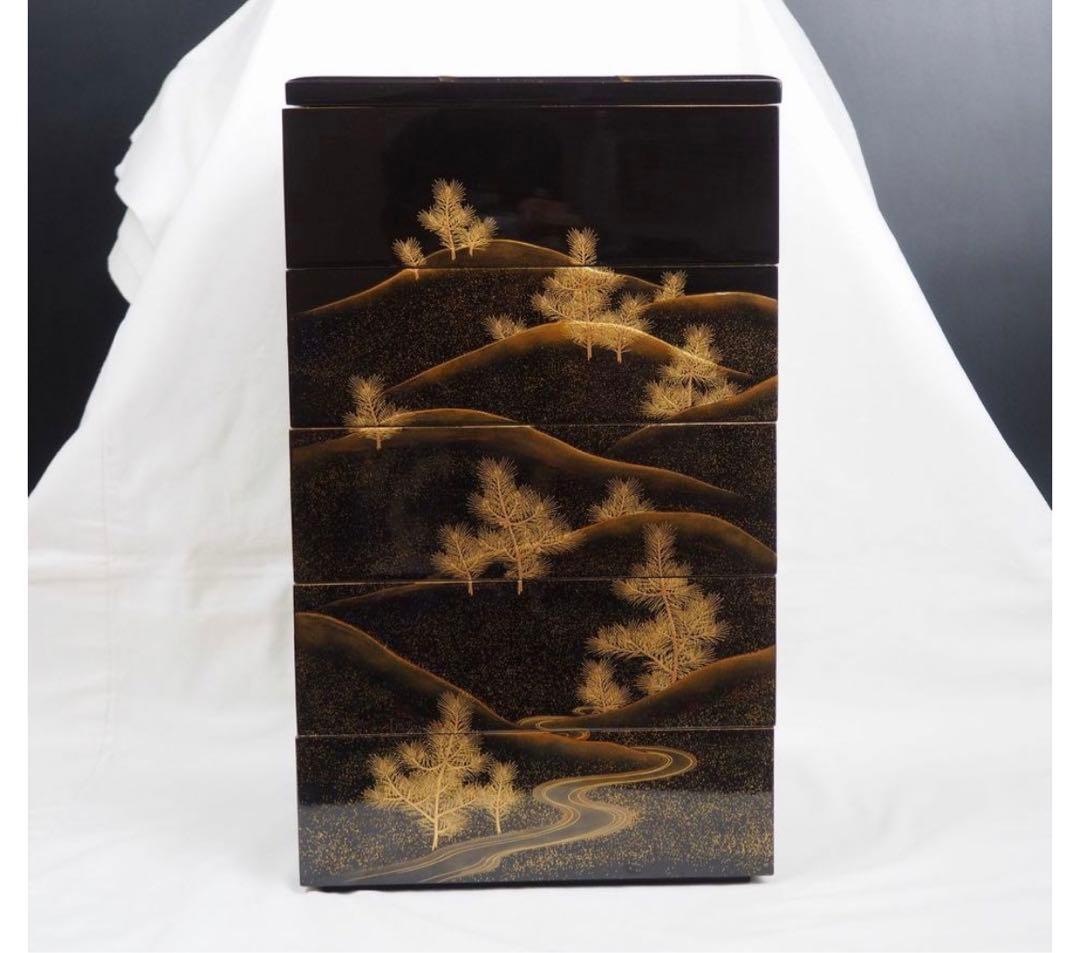 送料無料　旧家蔵出時代輪島塗 本金使用 金蒔絵根５重箱　変え蓋月付　大美品　共箱