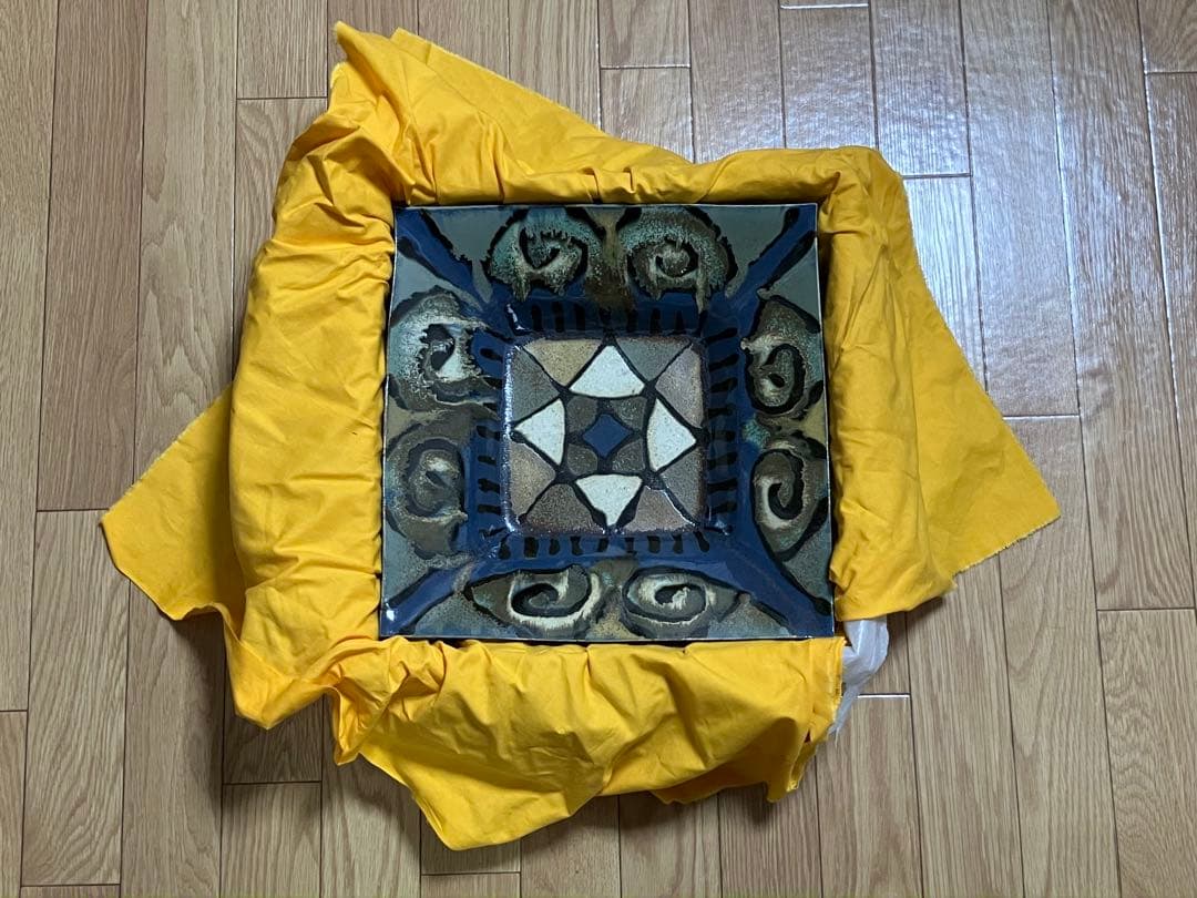 (未使用)白石篤 多彩幾何文糠白釉飾皿 益子焼 陶器 飾皿 置物 陶芸