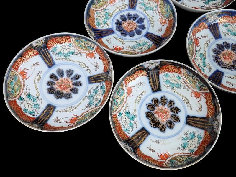 古伊万里　色絵　団龍紋に牡丹の図　5寸皿　5枚　D466AS-fbtk