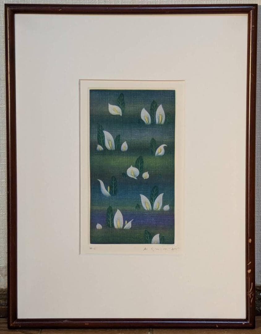 【真作】版画　銅版画　幻想の白い花　静謐な癒しの一枚　やさしい色彩　W67