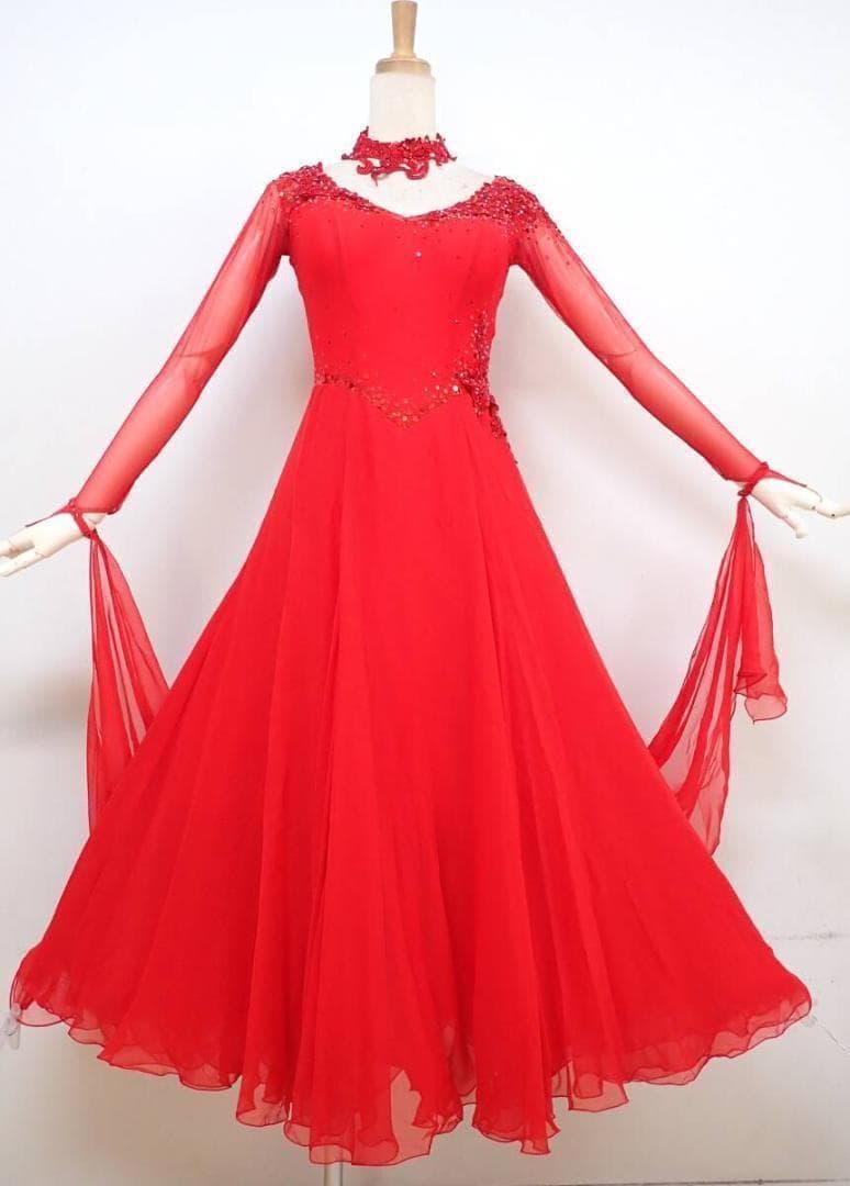 6361★タカダンス★赤/スパンコール/スタンダードドレス☆社交ダン