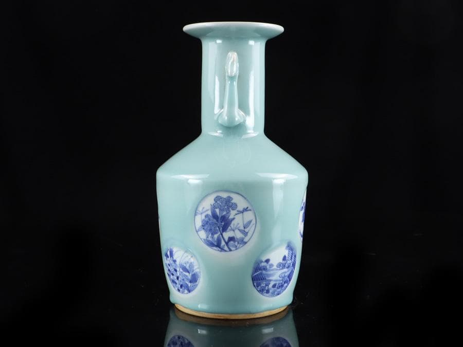 Y2463 時代物 中国 青磁 染付 青花獣双耳瓶 大花瓶 高さ26㎝