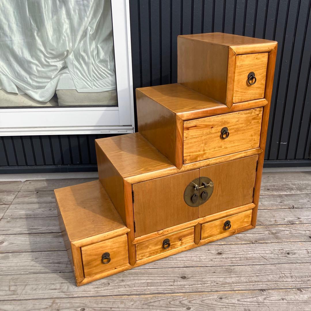 ② 昭和レトロ 中国古典家具 木製 階段箪笥 サイドボード 古家具 両面引き出し