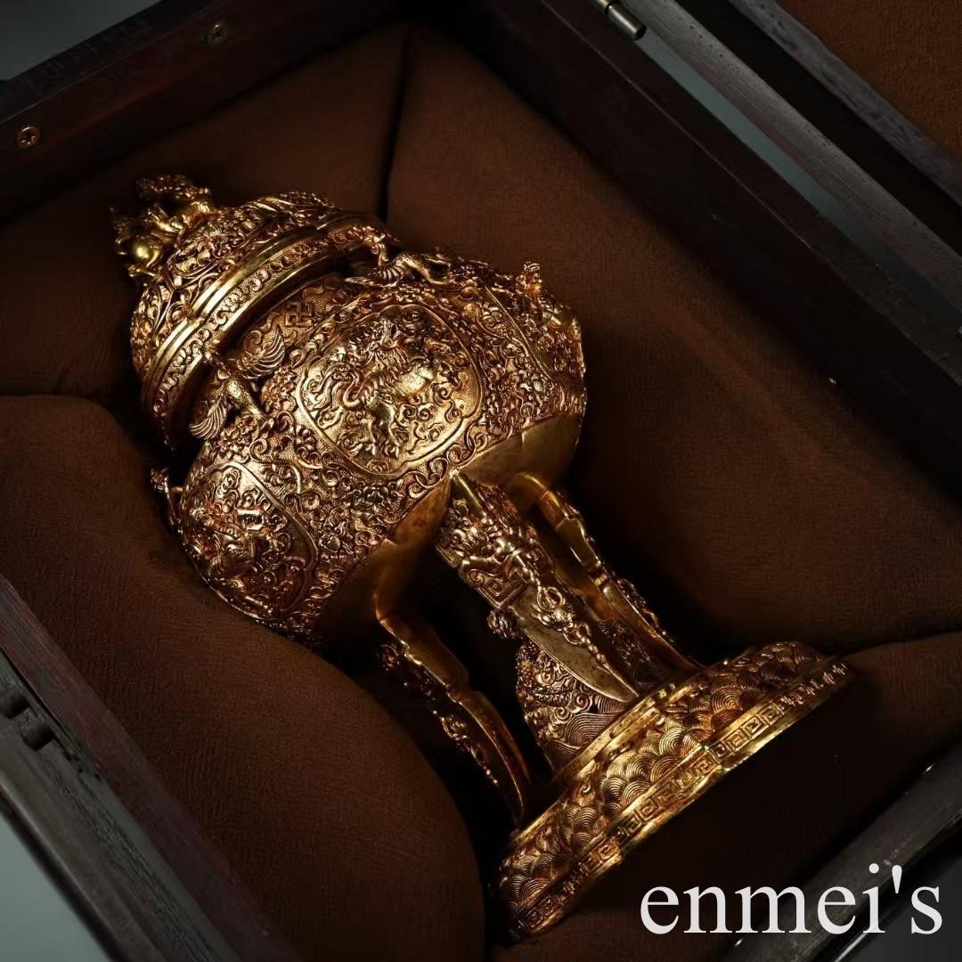 中国古美術・旧蔵六鳳三足獣耳香炉・純銅製・鏨刻鎏金・純手作り・置物・茶道・文房具