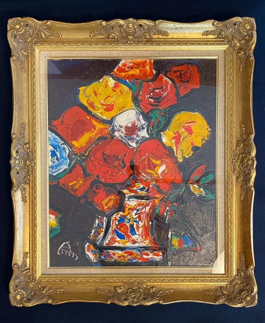 「真作」宮田為義　薔薇の絵　靜物画　絵画　油彩画　額装　F15号