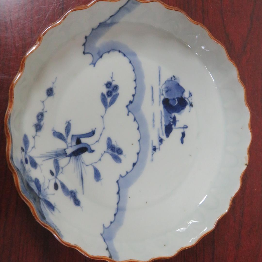 皿 2枚 染付 鳥 花 島 海 窯傷 明治 大正 その1