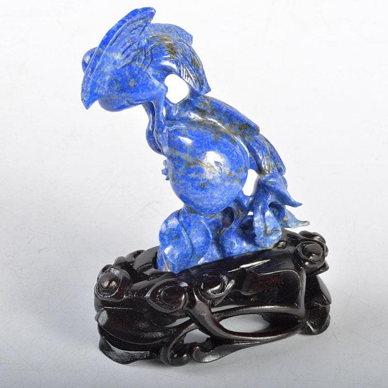 中国　玉石青晶石彫刻　双鶴刻　置物　唐木台付　V　R4354