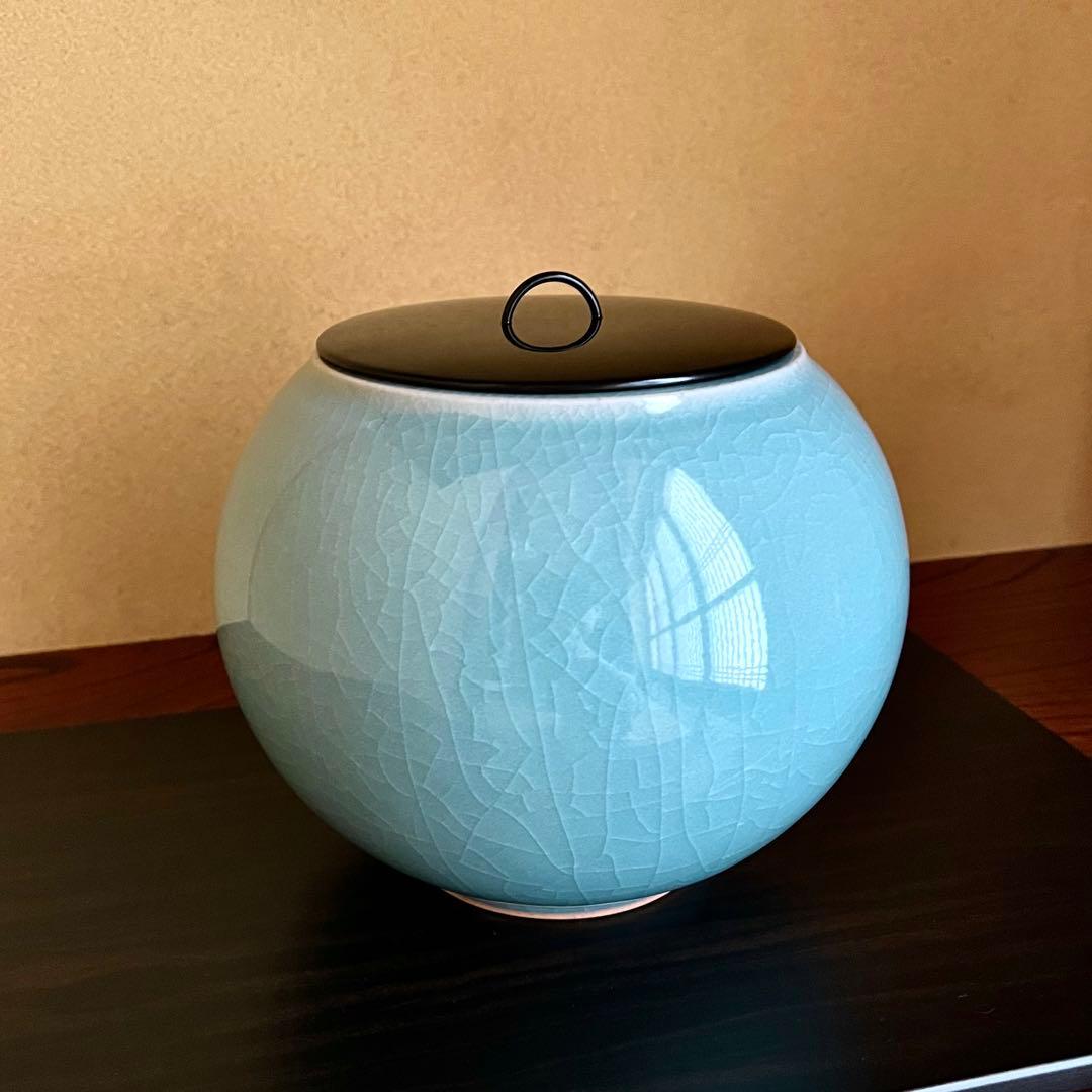 九谷焼 作家もの 青磁 水指 堂前忠正 茶道具 漆塗蓋付 共箱