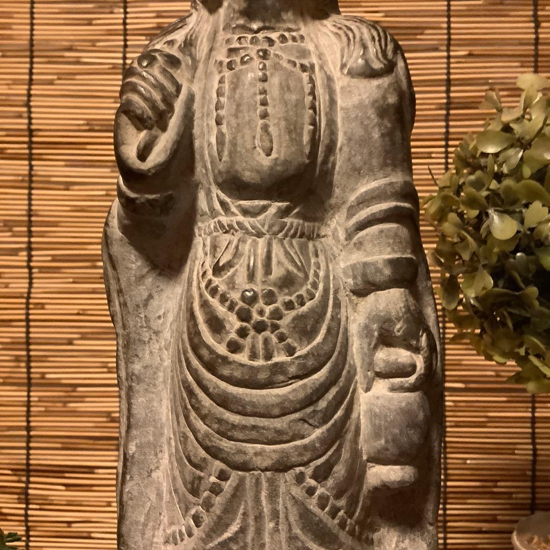 中国魏國「大魏・菩薩立像」南北朝時代・北斎・北魏様式・黒曜石・年号刻字彫