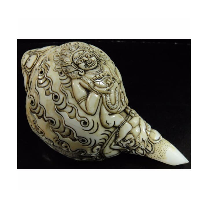 ◆チベット密教法具　法螺貝（シャンカ）ブラック・ジャンバラ(宝蔵神)像　仏教