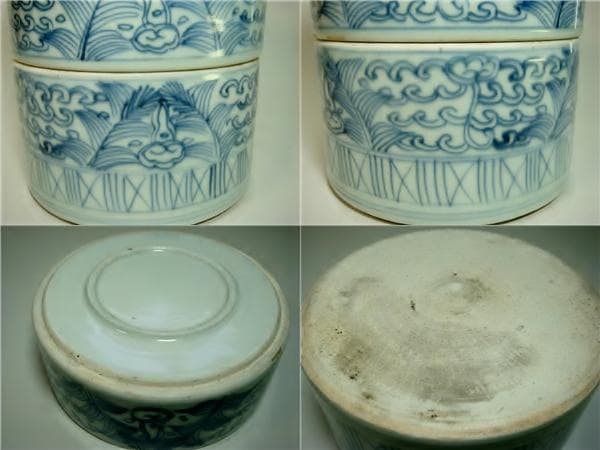 鉢■古伊万里 古い染付三段重 青海波文様 重鉢 花唐草 古陶磁器 時代物 骨董■