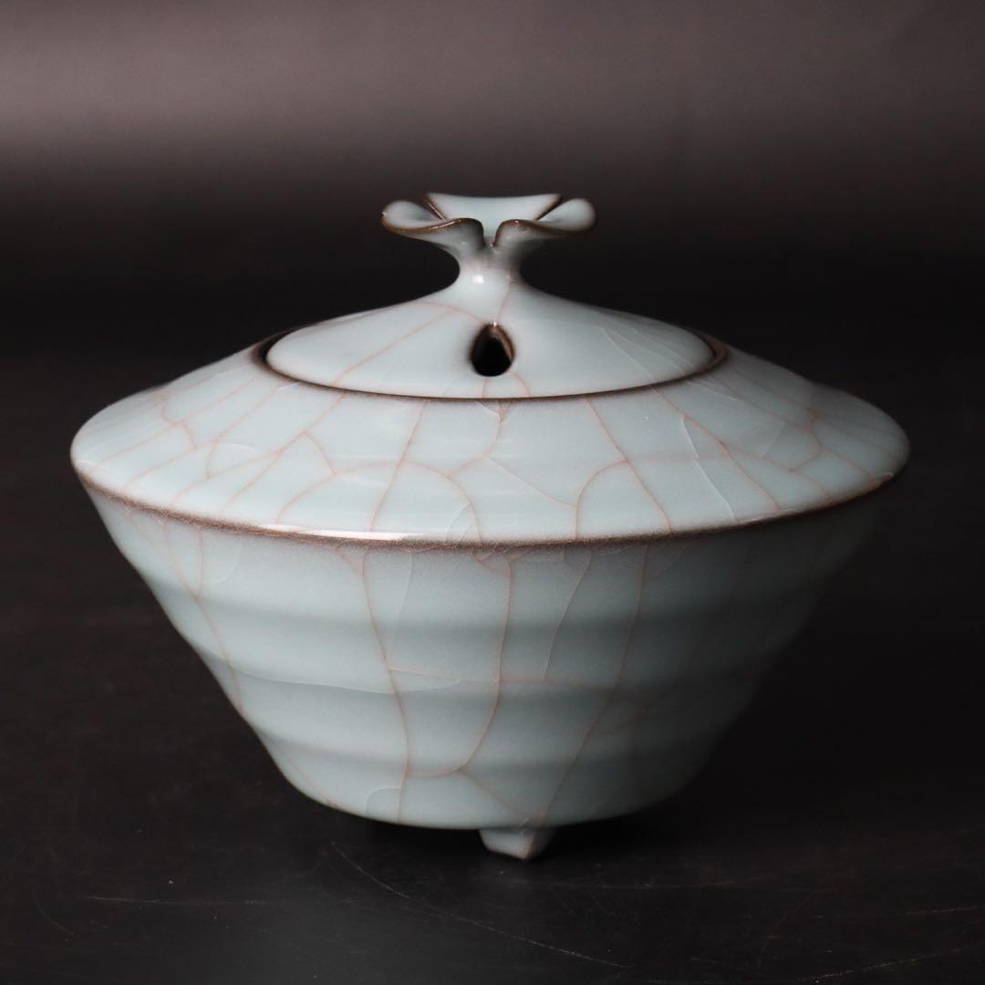 人気作家 峯岸勢晃 月白青瓷 線段香炉 共箱 共布 陶歴付