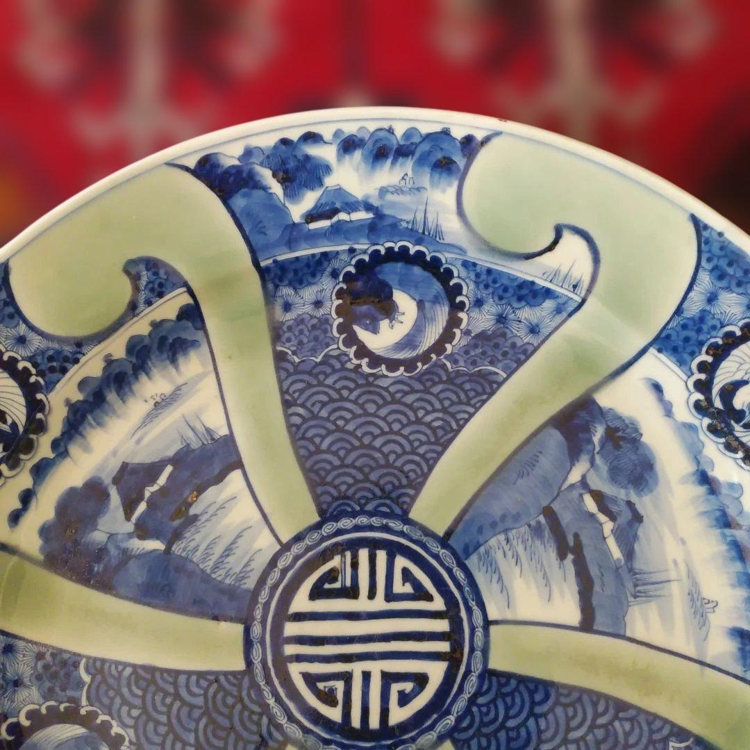 希少　珍品　 古伊万里 有田官窯　青磁染付大皿　特大皿　口径約44cm　有田焼