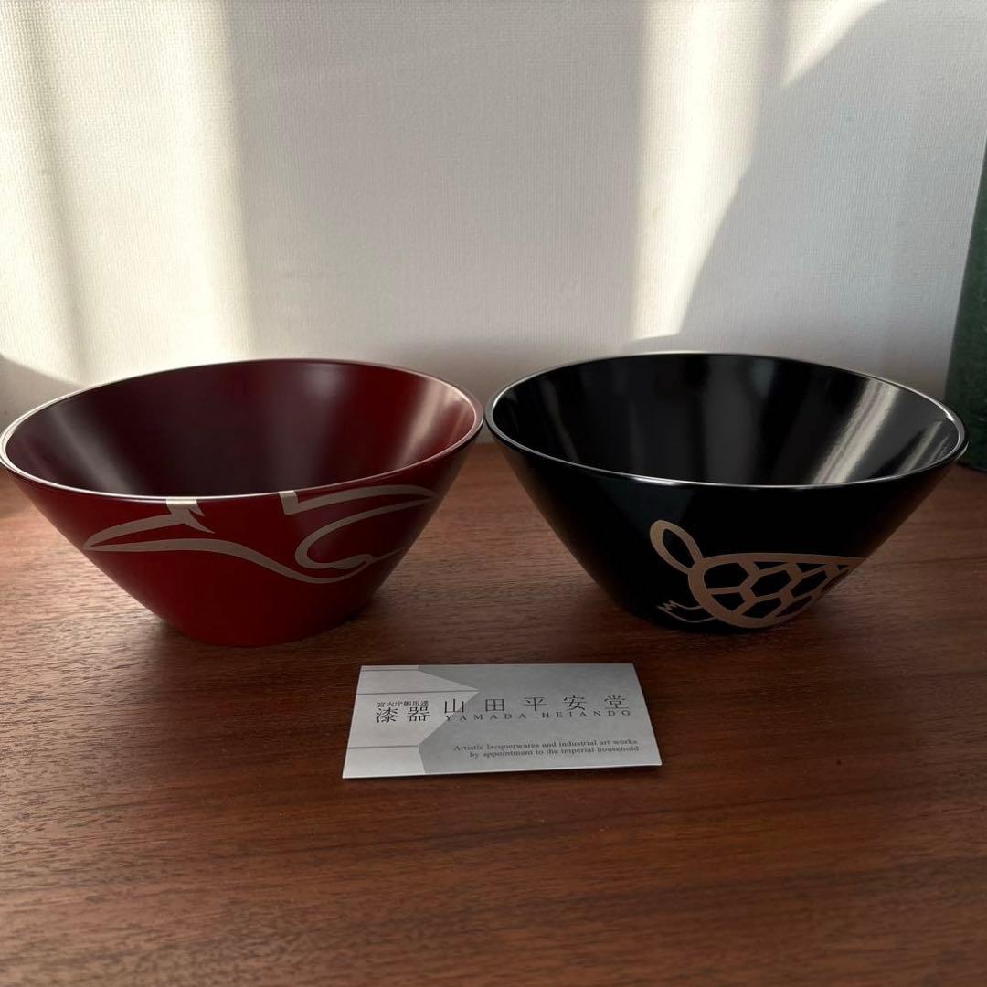 山田平安堂　漆器　寿恵平鉢　鶴亀ペア