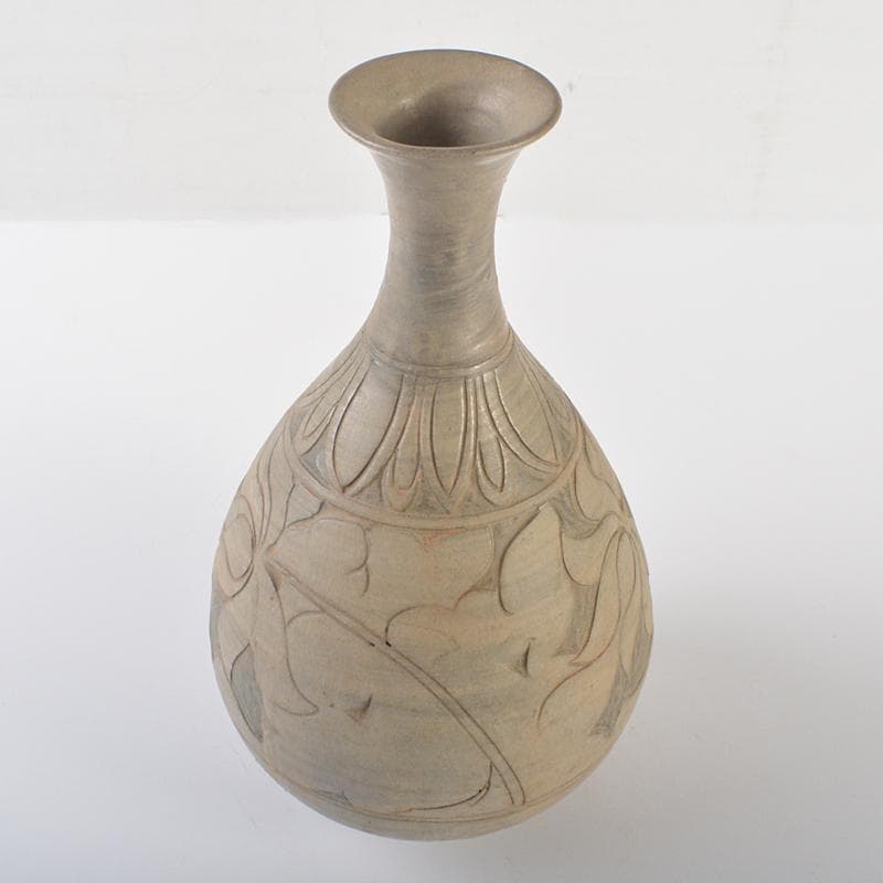 朝鮮美術　李朝　彫三島花草文瓶　時代箱付　V　R6548B