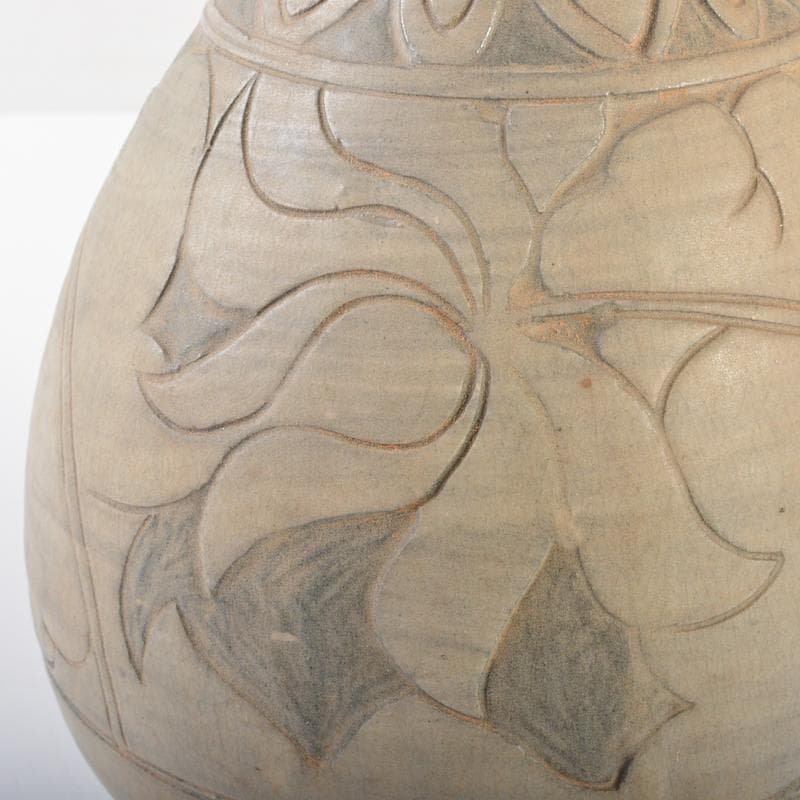 朝鮮美術　李朝　彫三島花草文瓶　時代箱付　V　R6548B