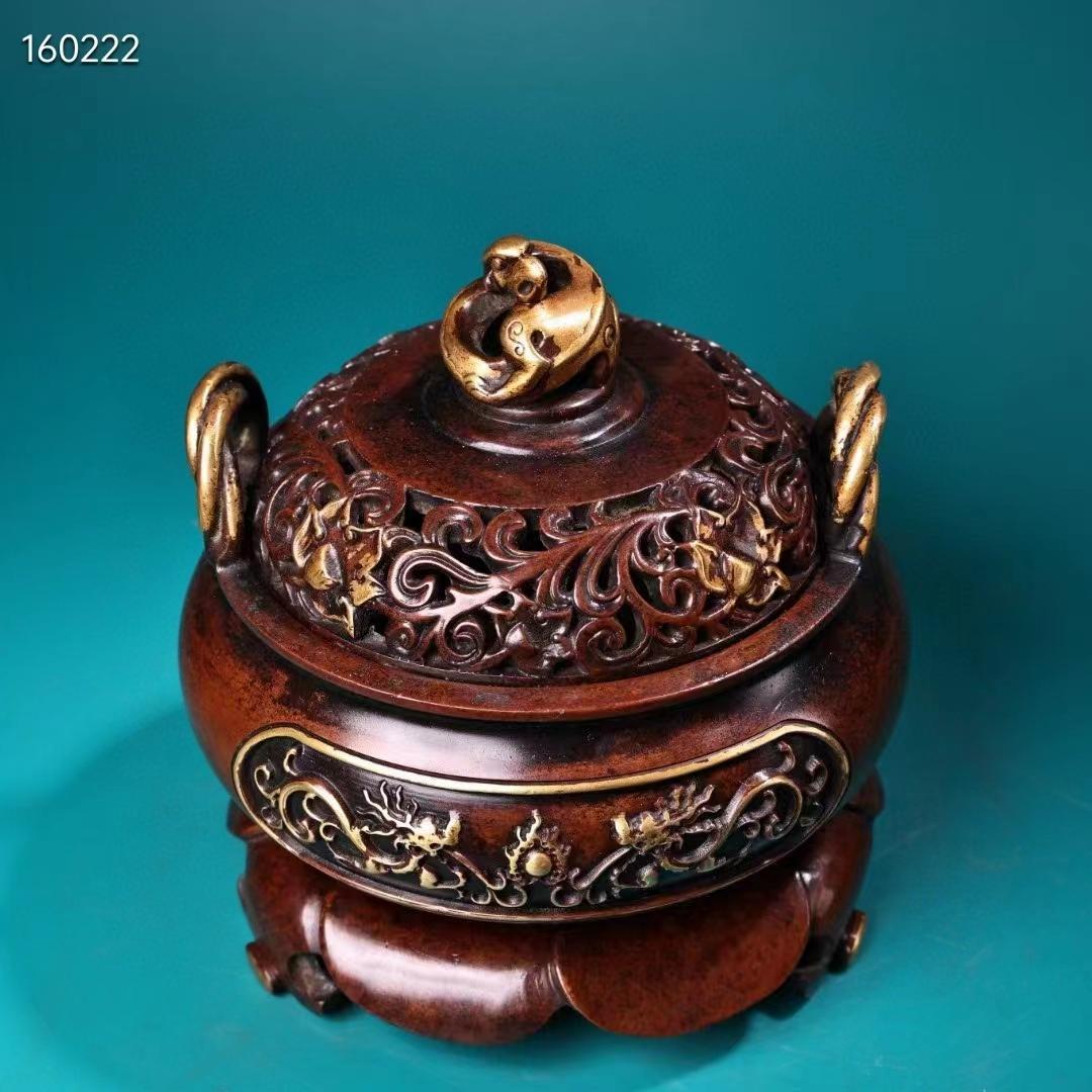 中国古美術・珍蔵・紫銅制・純手作り・鎏金高浮彫香炉・熏香爐・置物・文房具・書道品