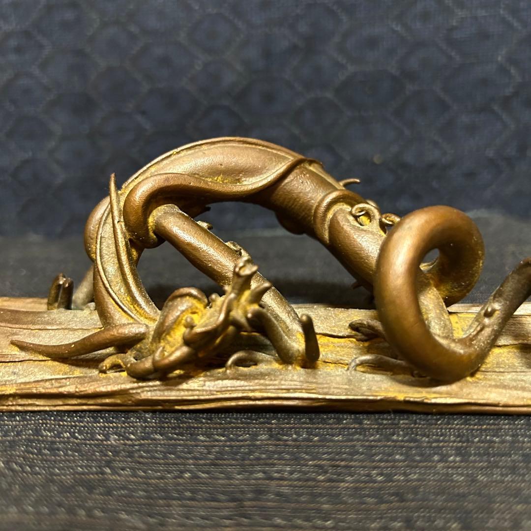 蝋型鋳造　雨龍書鎮　置物