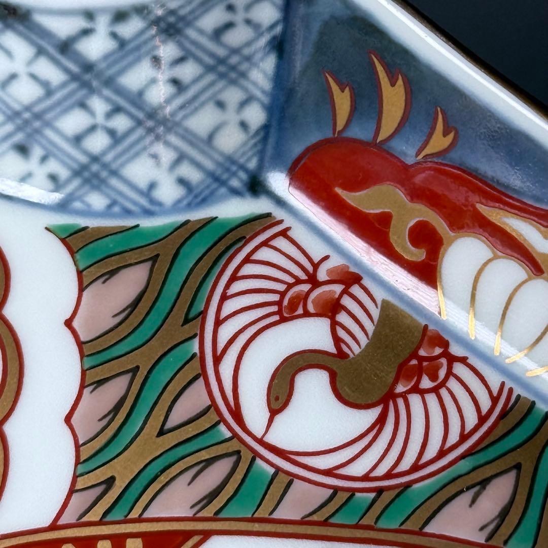 古伊万里風　冨貴長春　色絵鶴亀松竹梅文変形皿　五客　料理屋　古器を楽しむ