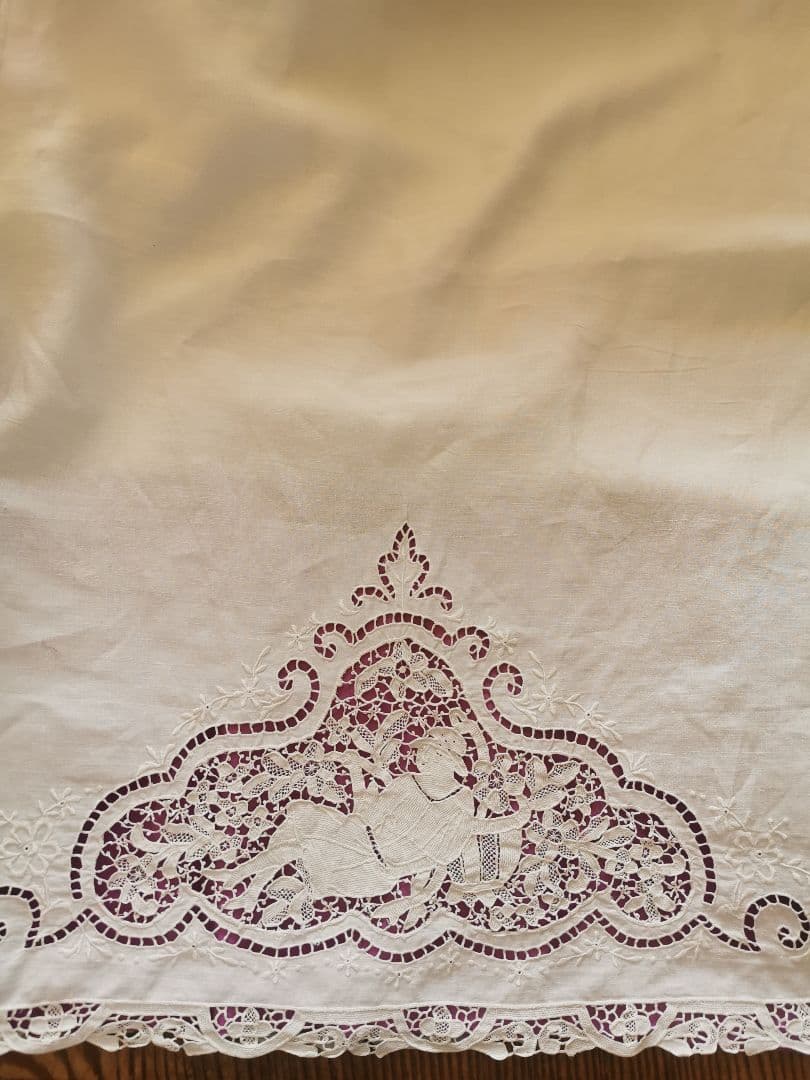 アンティーク ポワンドヴェニス 花籠にもたれる人 ボビンレース二重タオル ケース