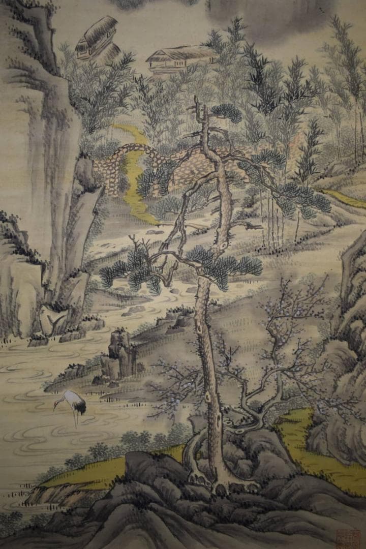 真作/風外和尚/山主/山水鶴画賛/布袋屋掛軸HI-87