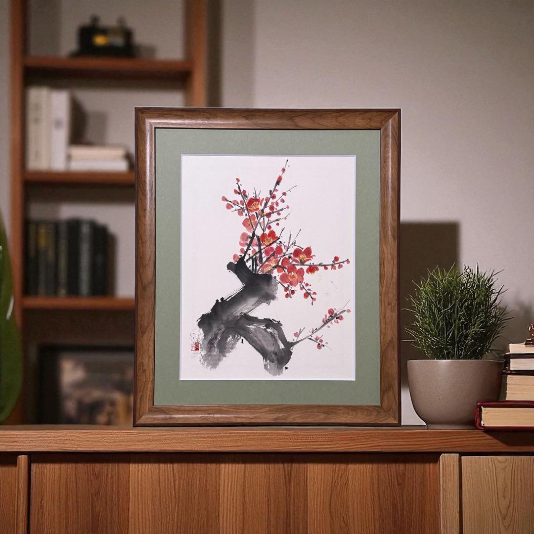 【古口翠芳/Suihou Koguchi】墨彩画　梅　オリジナル　木製額縁付き