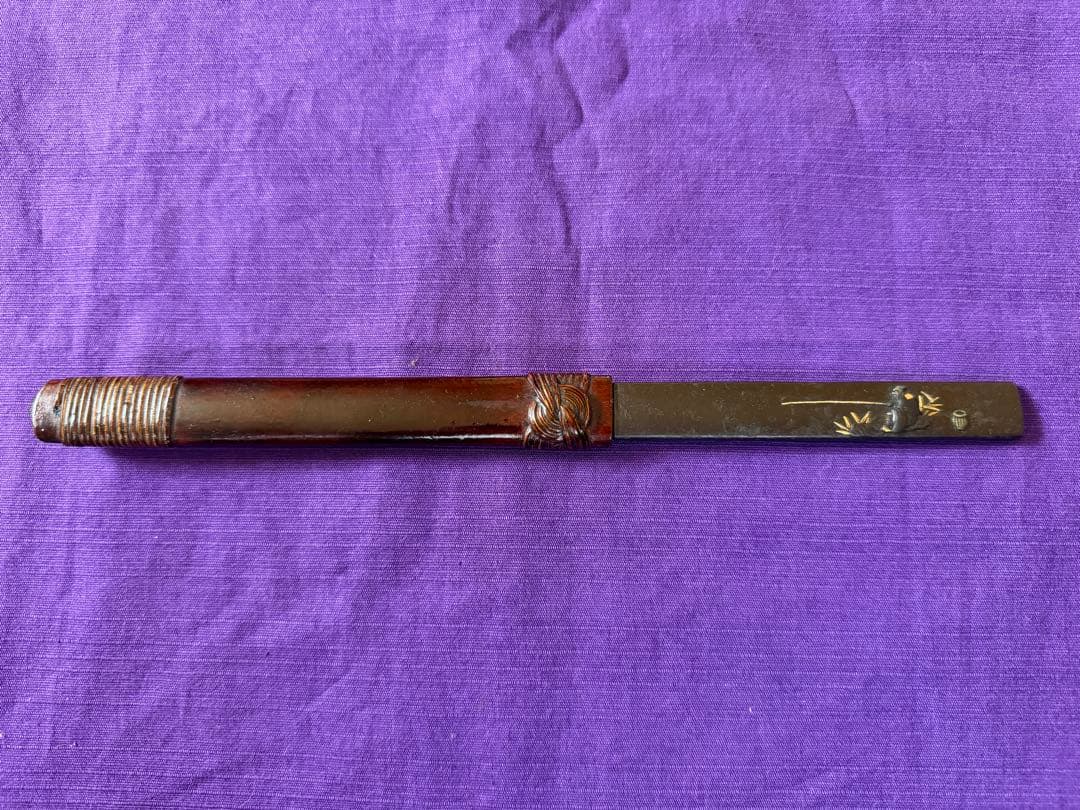 江戸後期　鉄地棒小柄象嵌色絵　太公望図　鞘付珍品（日本刀装具小刀目貫鐔鐔拵笄馬針