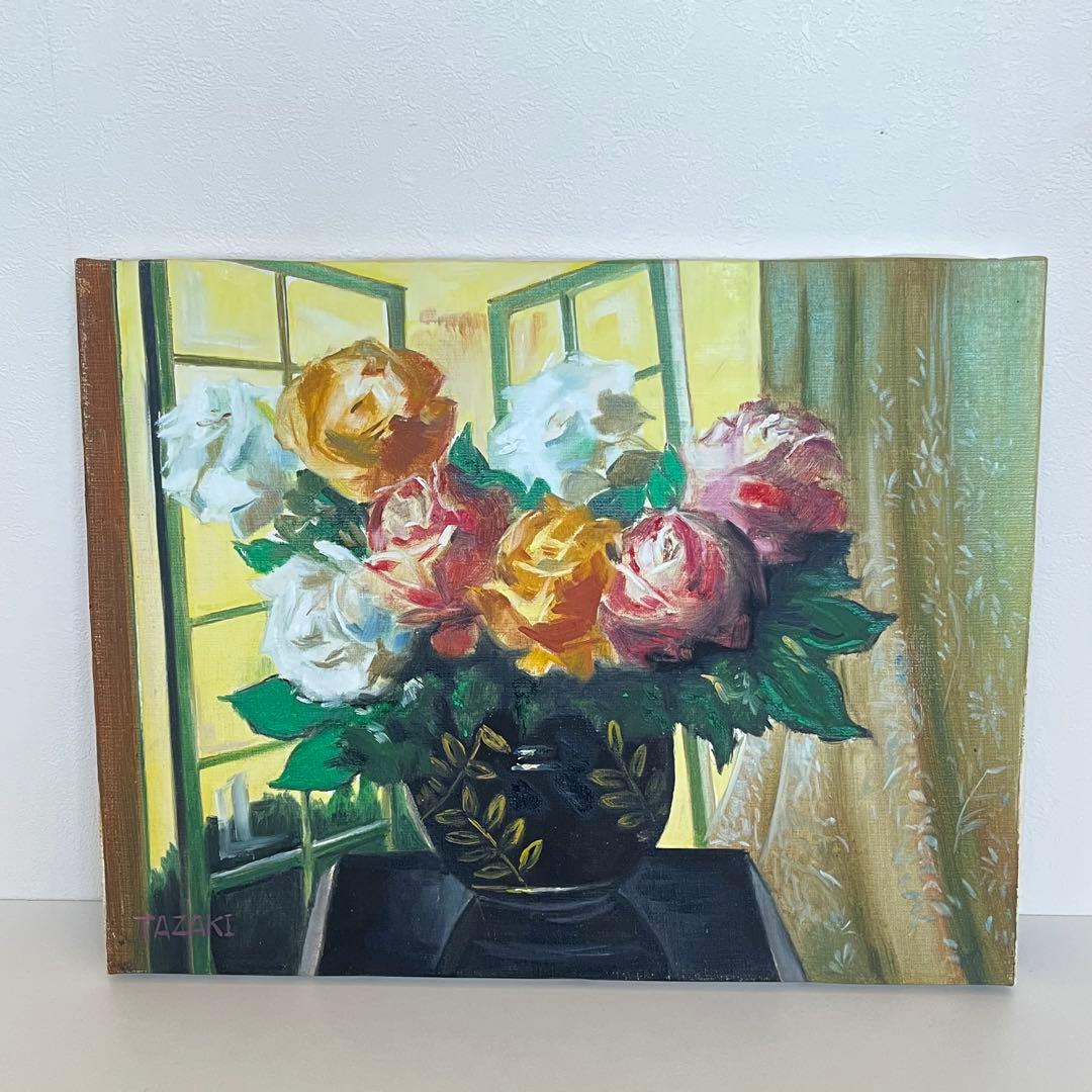 真作　肉筆油絵　窓辺のバラ　田崎順平　F6 額縁　花