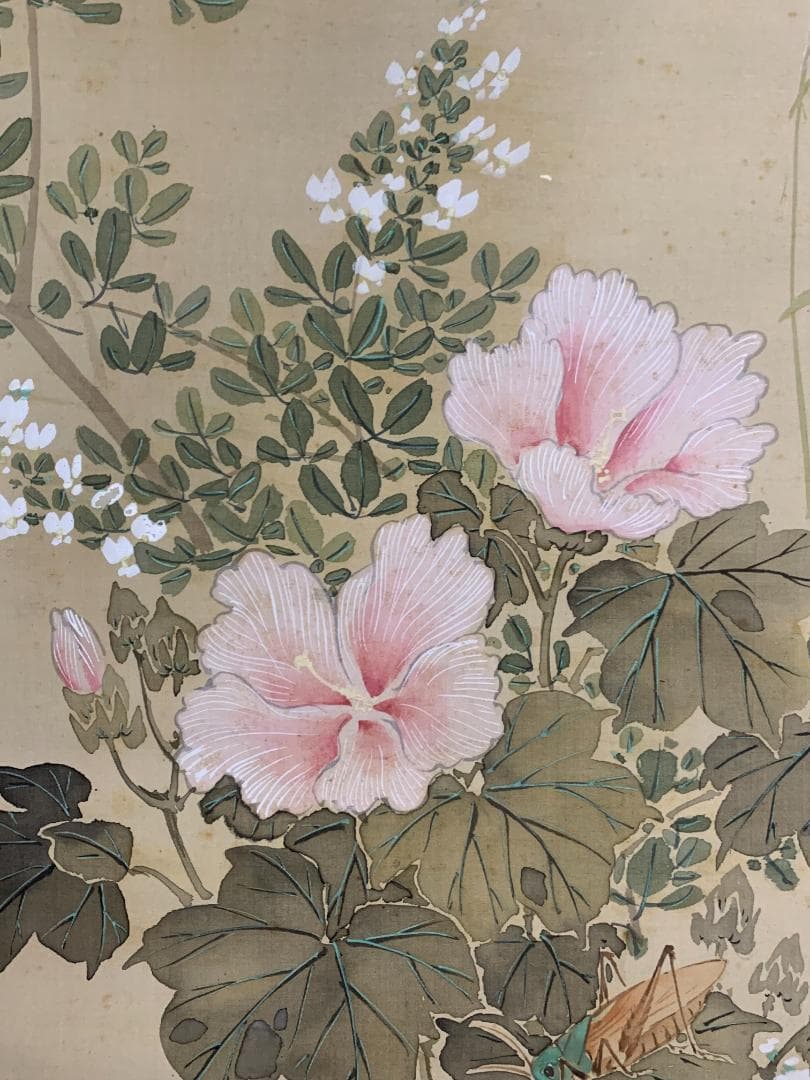 谷口月窓 月に萩 秋草花に飛蝗図 絹本 肉筆 掛軸 日本画 幕末期 896