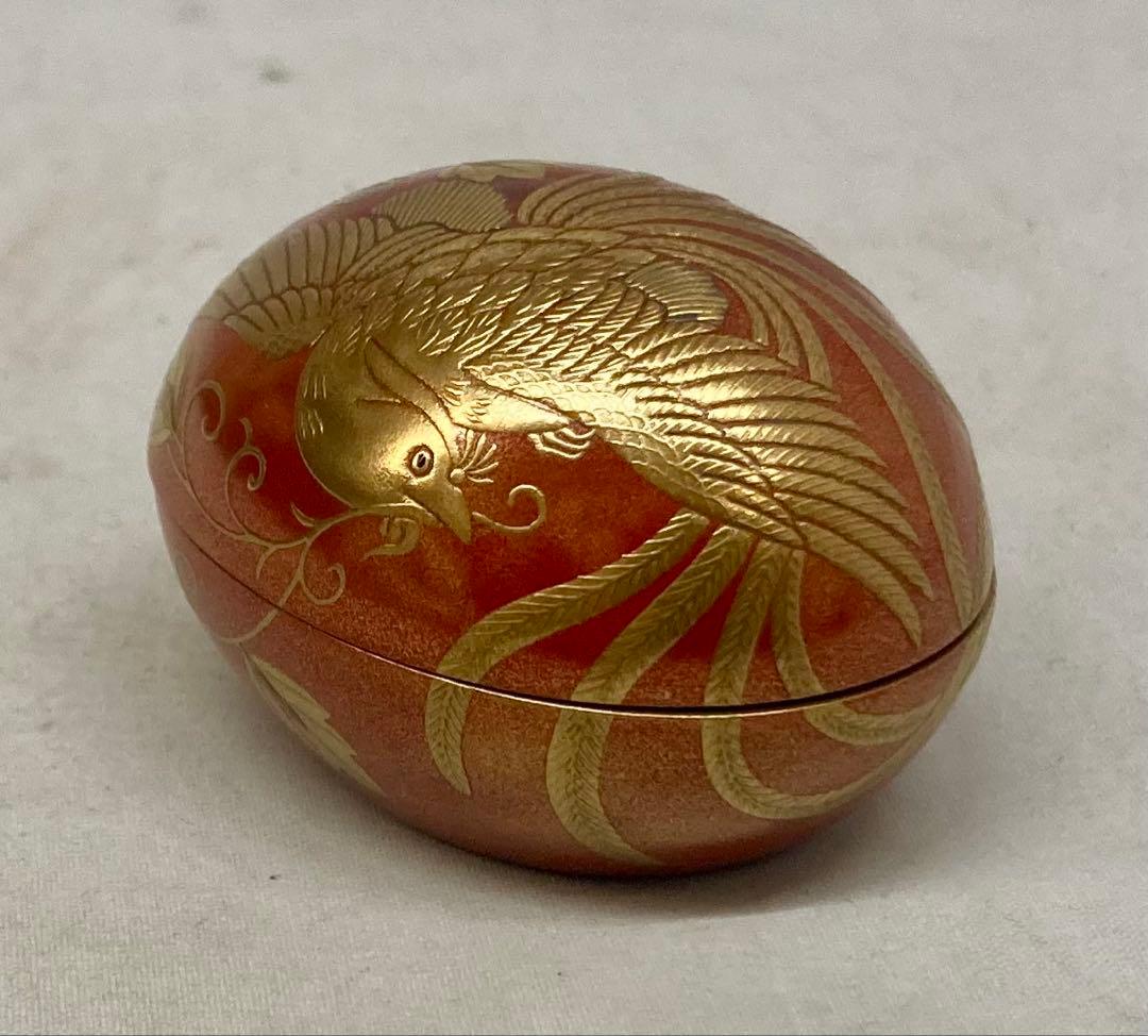 B553b「鳳凰 香合」他喜翁作　共箱　朱漆塗　金蒔絵　金梨地　畦地他喜男