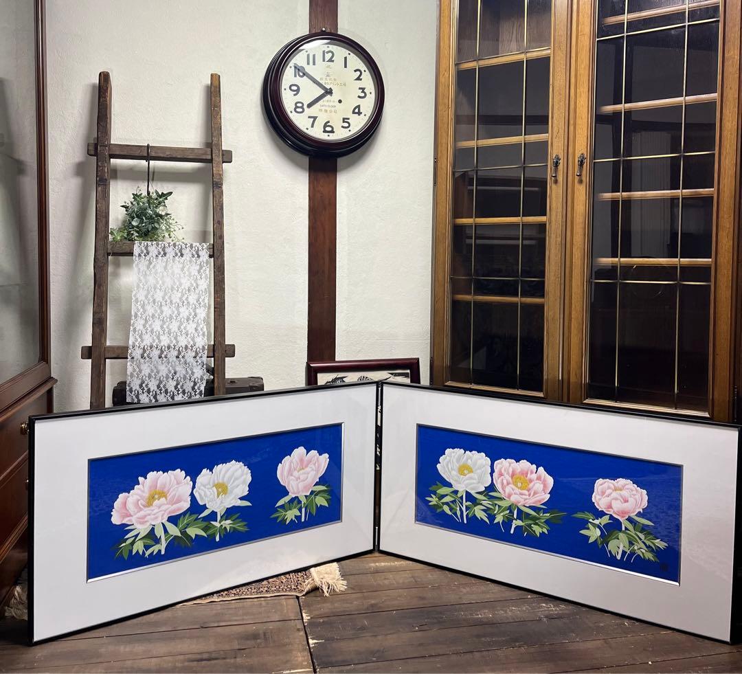 澁川矗 【ぼたん ぼたん】 2枚折屏風 950×500 真作保証 しぶかわなおし