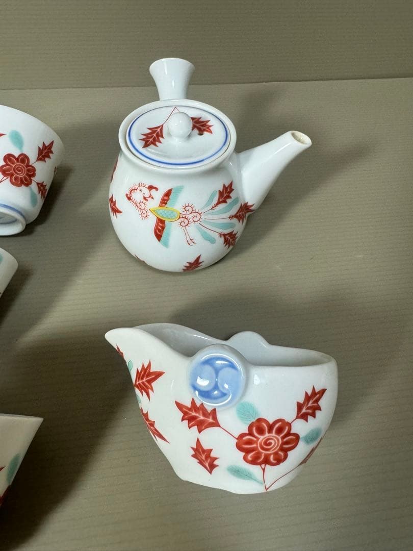2171 深川製磁　赤絵花草　茶器セット　急須1客　湯冷し1客　湯呑5客