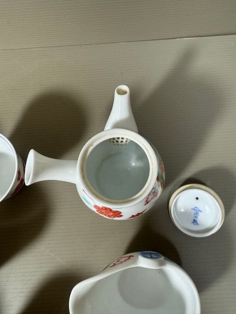 2171 深川製磁　赤絵花草　茶器セット　急須1客　湯冷し1客　湯呑5客